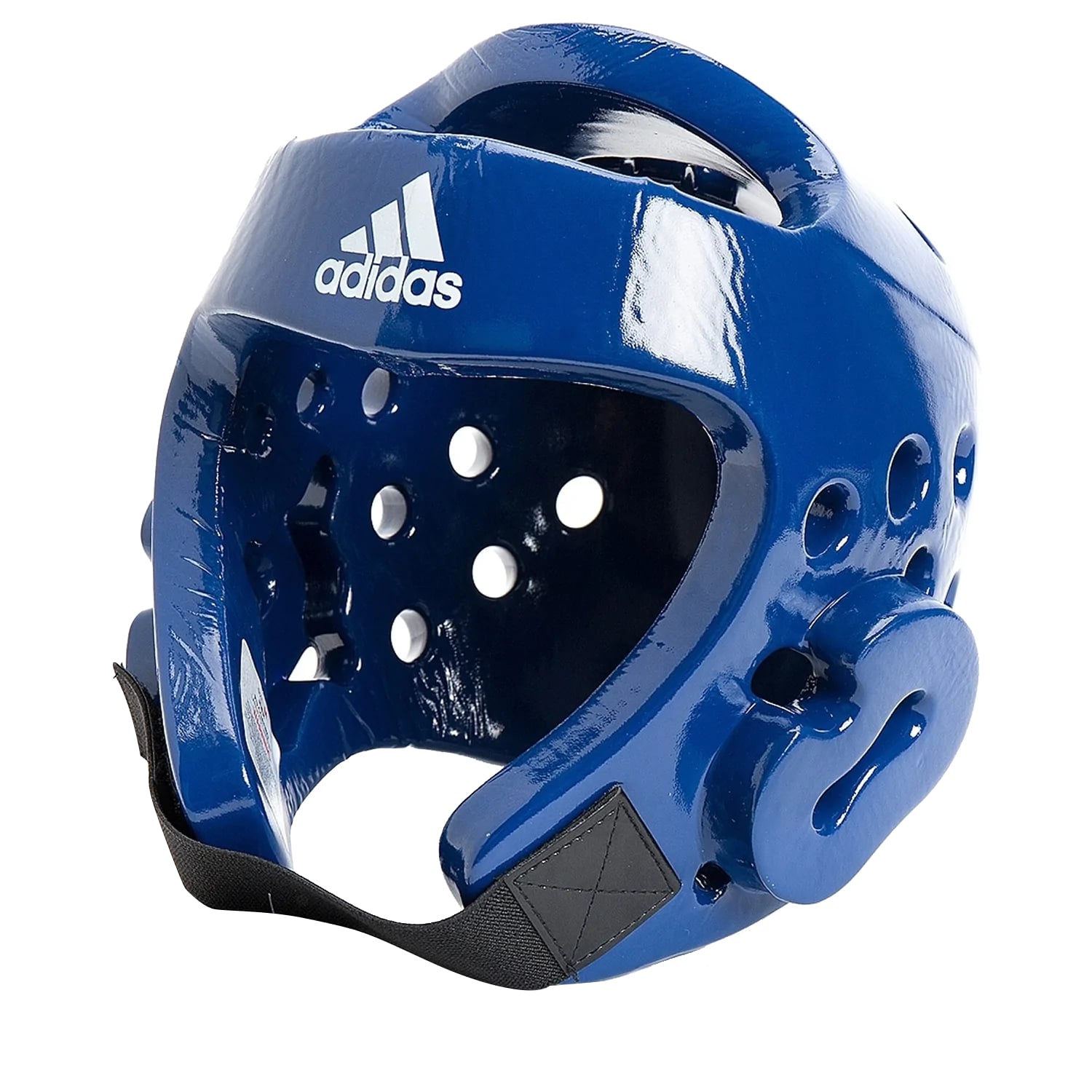 Blue helmet with black straps, Adidas head guard for taekwondo.