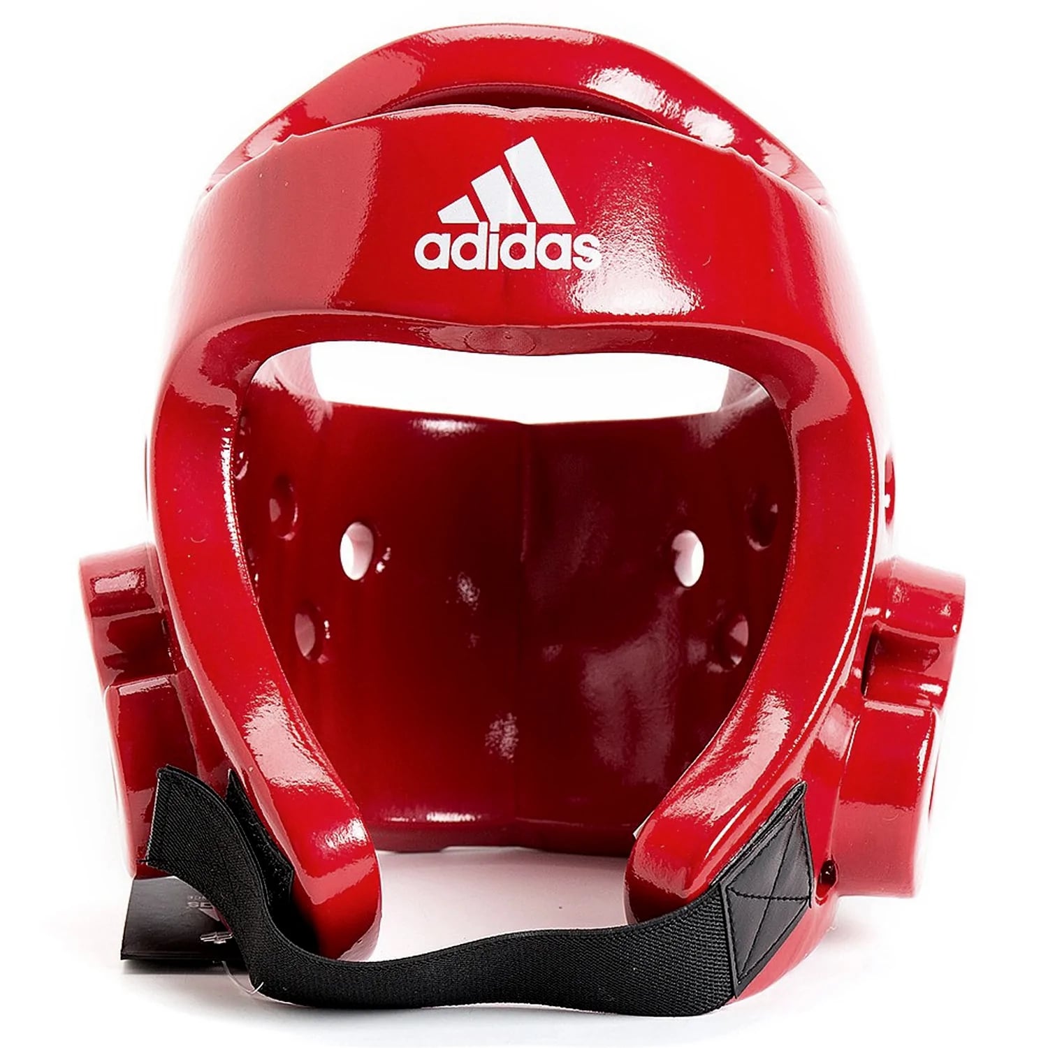 Red boxing helmet with black straps, designed for sparring.