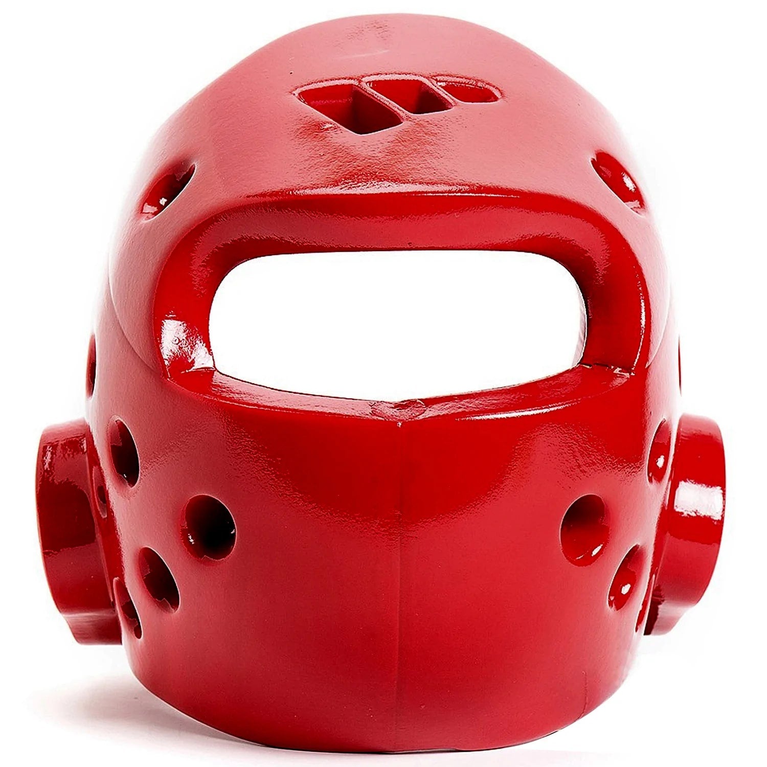 Red head guard showing plastic mask with holes for ventilation.