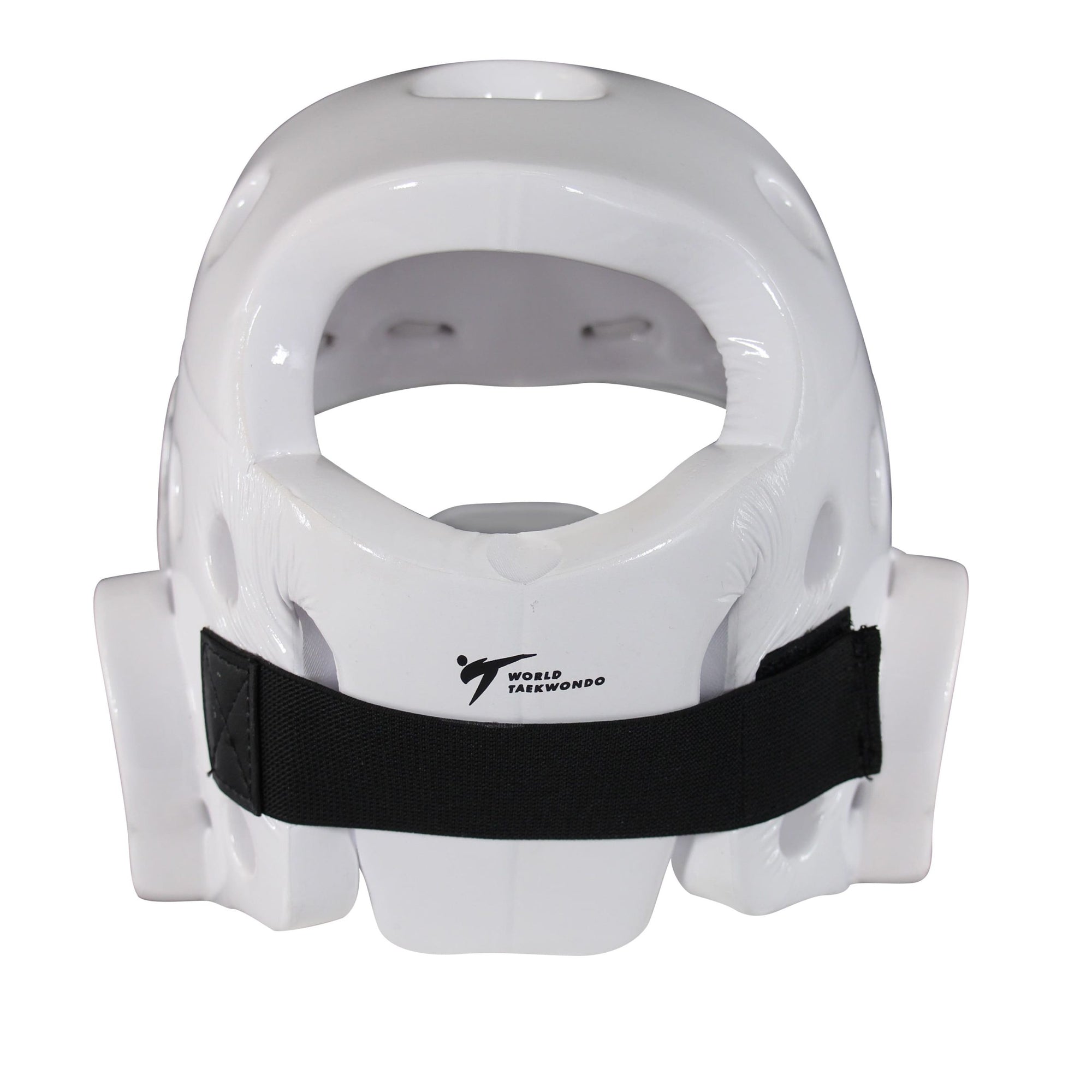 White helmet with black straps, back view.