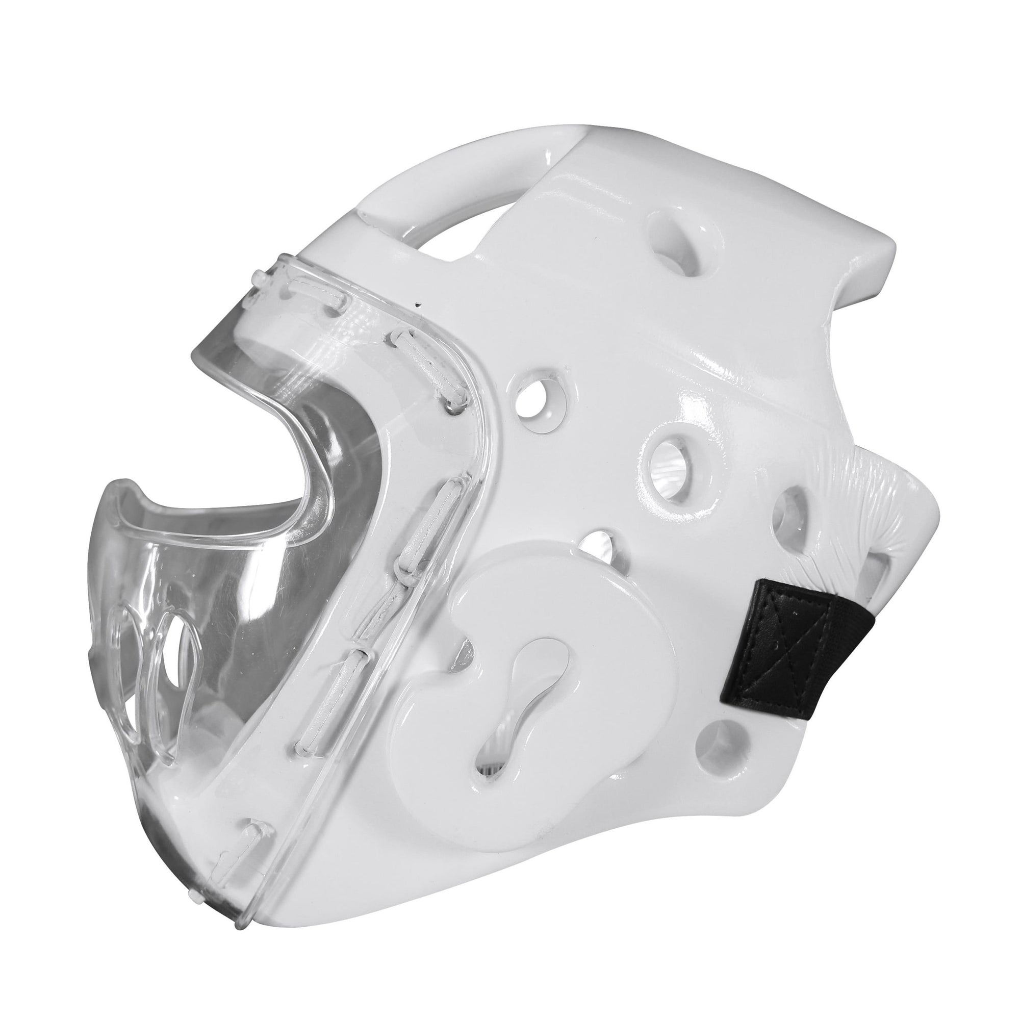 White face mask with black straps, side view.