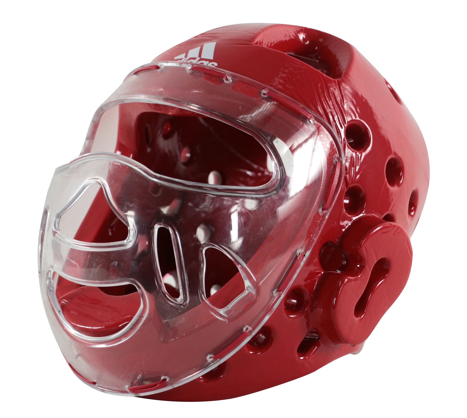 Red Adidas head guard with clear face mask for sparring.