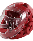 Red Adidas head guard with clear face mask for sparring.