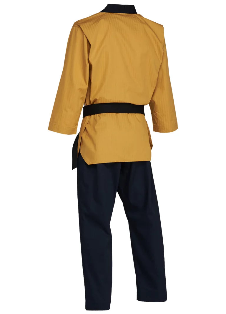 Black and yellow taekwondo outfit, back view.