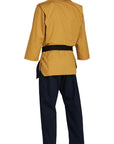 Black and yellow taekwondo outfit, back view.