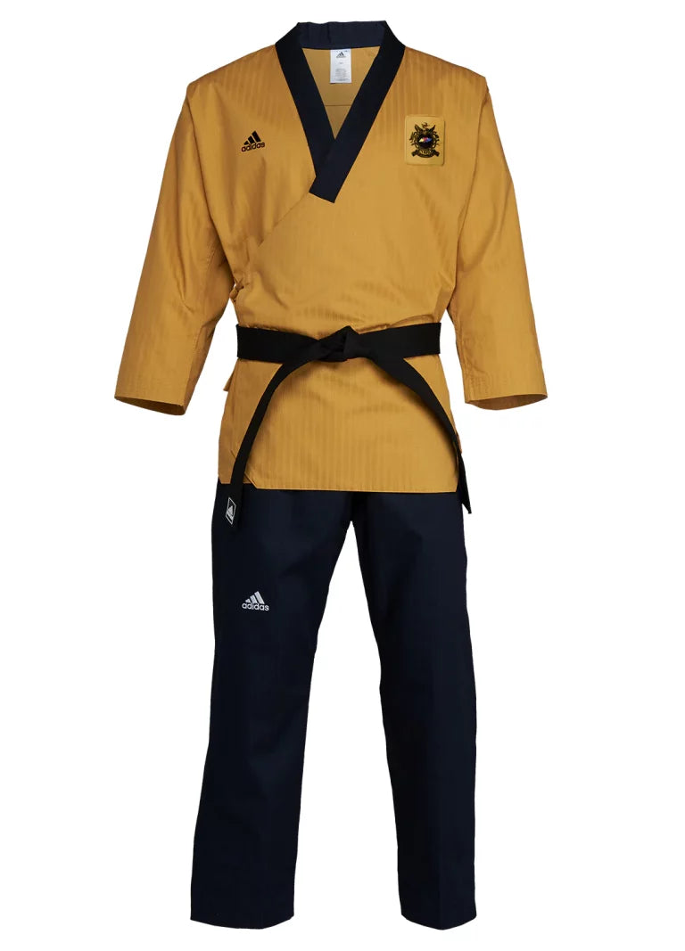 Yellow taekwondo uniform with black belt.