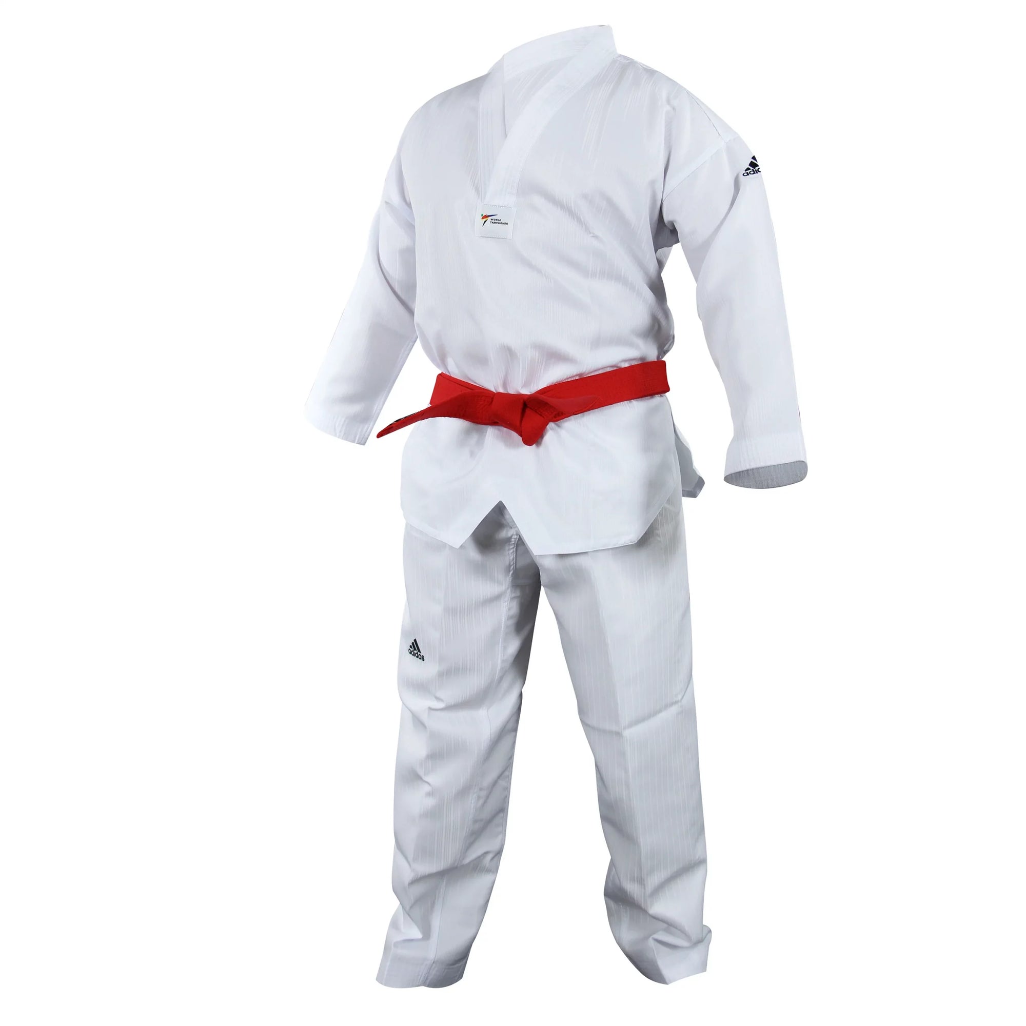 A white martial arts uniform with a red belt and black V-neck.