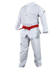 A white martial arts uniform with a red belt and black V-neck.