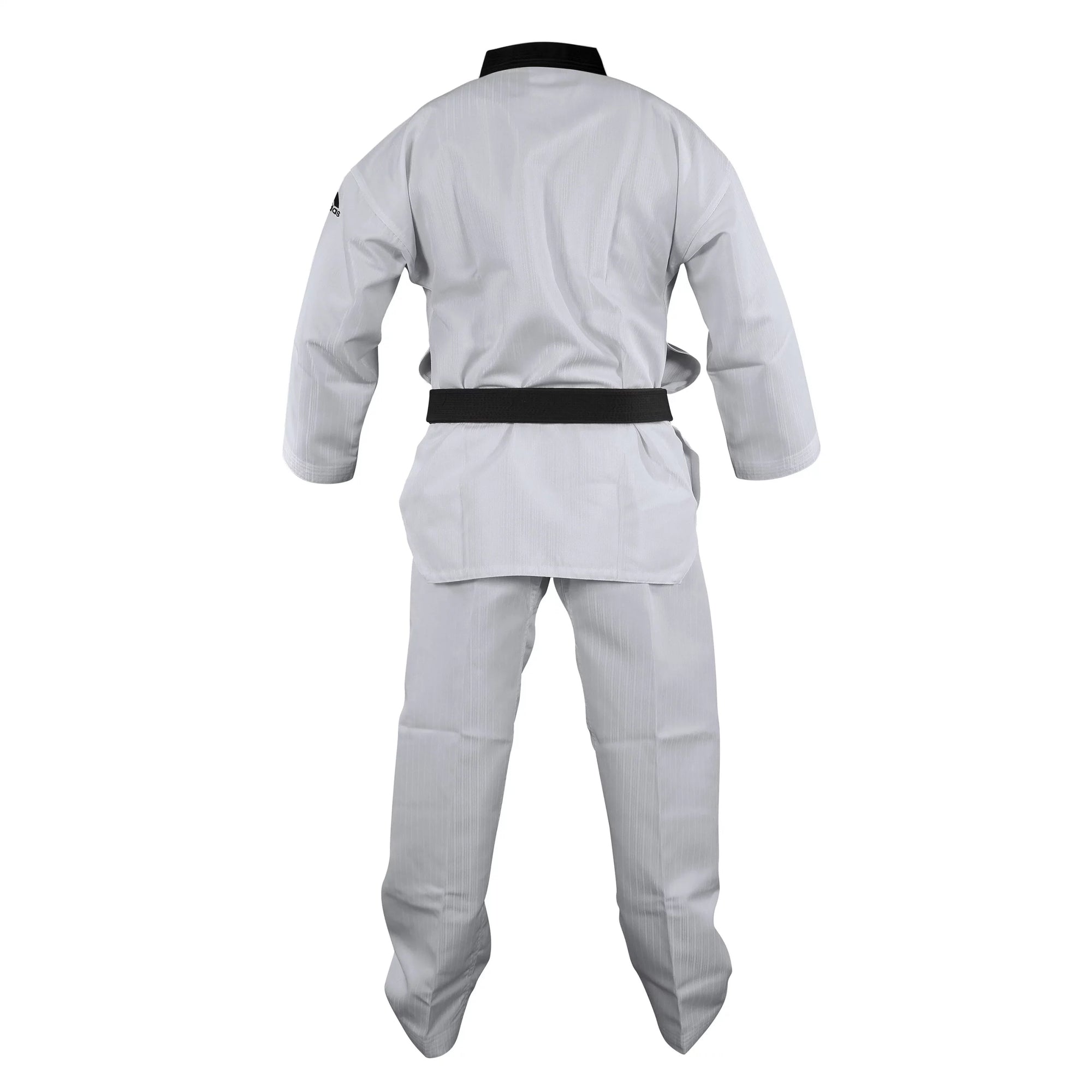 A white martial arts uniform with a black V-neck collar.