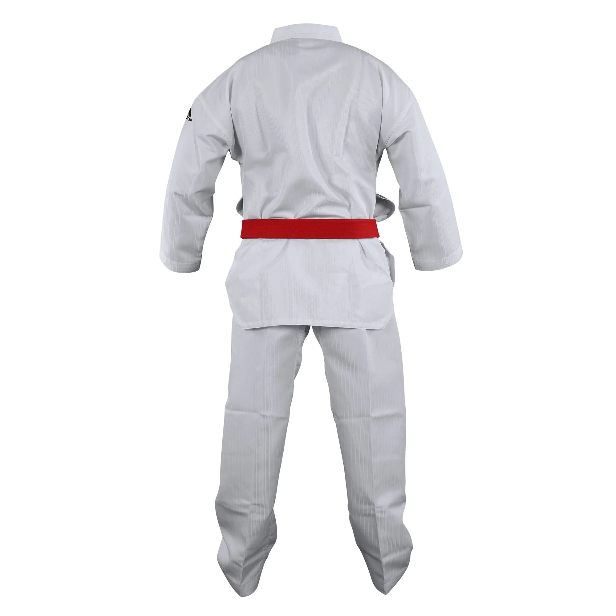 A white martial arts uniform with a red belt and black V-neck.