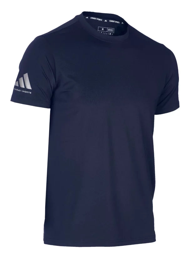 A blue Adidas Performance Dri-Fit t-shirt with a white logo.