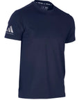 A blue Adidas Performance Dri-Fit t-shirt with a white logo.