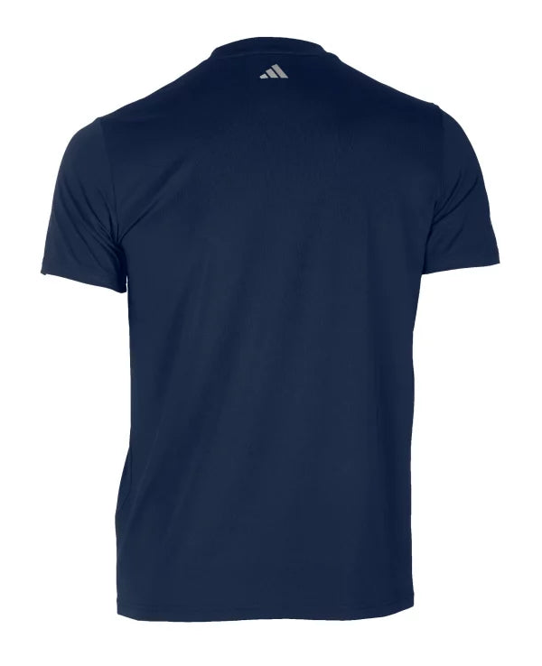 Blue Adidas Performance Dri-Fit t-shirt with white logo.