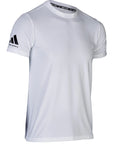 White Adidas drifit T-shirt with black logo for combat sports.