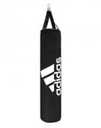 Black Adidas heavy bag with white logo for boxing training.