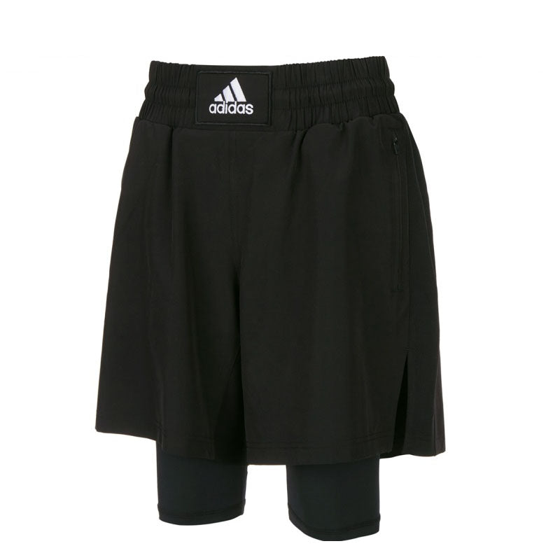 Black Adidas Boxwear Tech shorts with thigh-length inner lining.