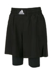 Black Adidas Boxwear Tech shorts with thigh-length inner lining.