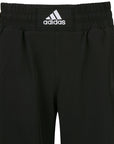 Pair of black Adidas BOXWEAR TECH shorts, thigh-length inner lining.