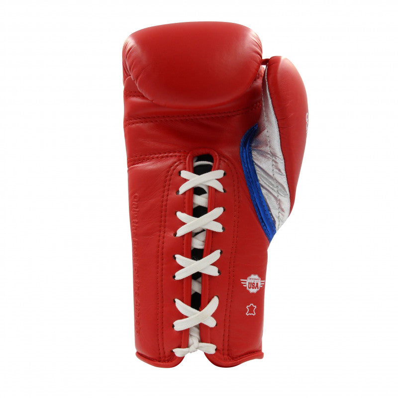 Red boxing glove with white laces.