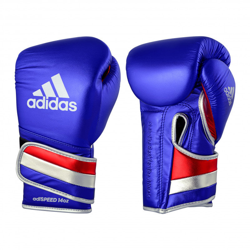 Pair of adidas Adi-Speed 501 boxing gloves in Met Gold/Red/Silver, 10 oz weight.