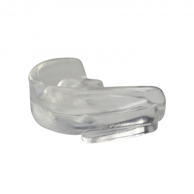 Clear plastic mouthguard by Adidas, adjustable for sports use.