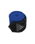 Blue and black boxing bandage for hand protection.