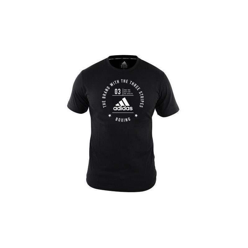 Black shirt with white text, adidas Boxing Community Cotton T Shirt.