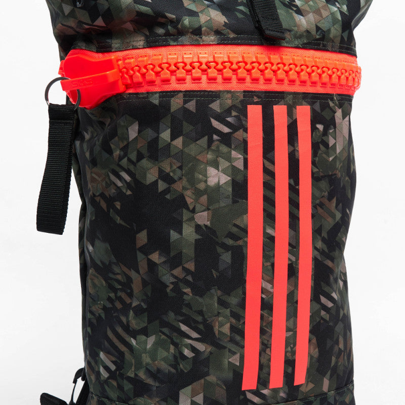 Adidas military sack in black camo with large front zipper.