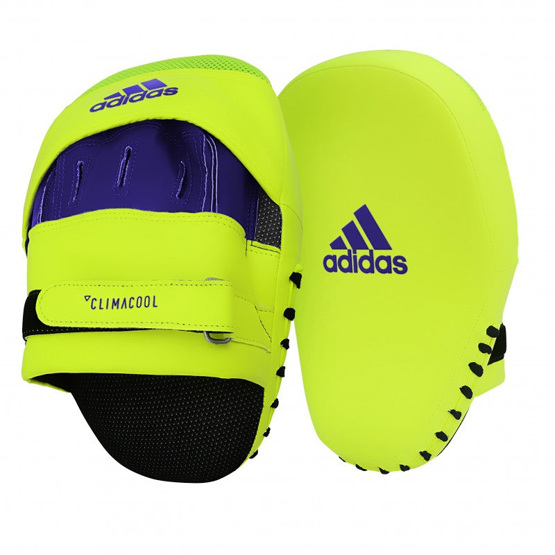 Yellow boxing mitt with blue and purple design.