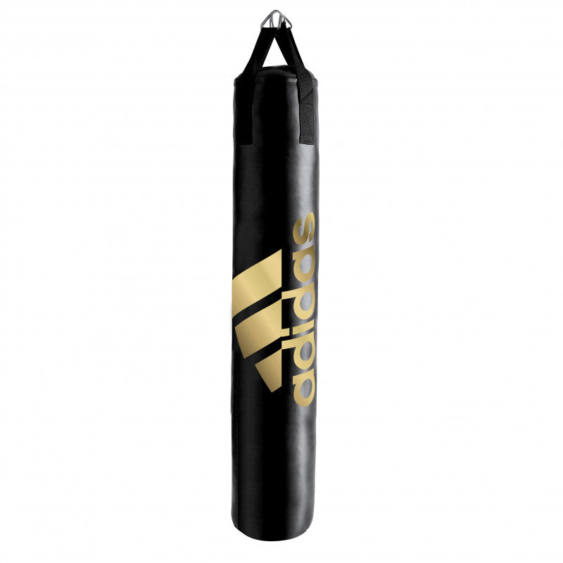 Black punching bag with gold logo for boxing training.