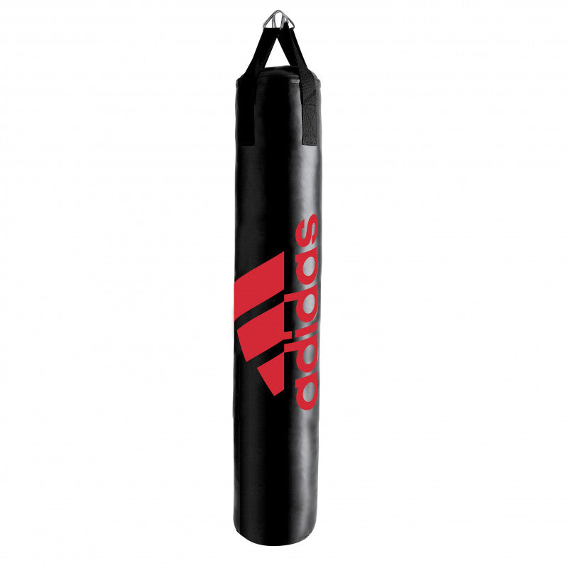 A black punching bag with red Adidas logo for boxing, MMA, and fitness training.