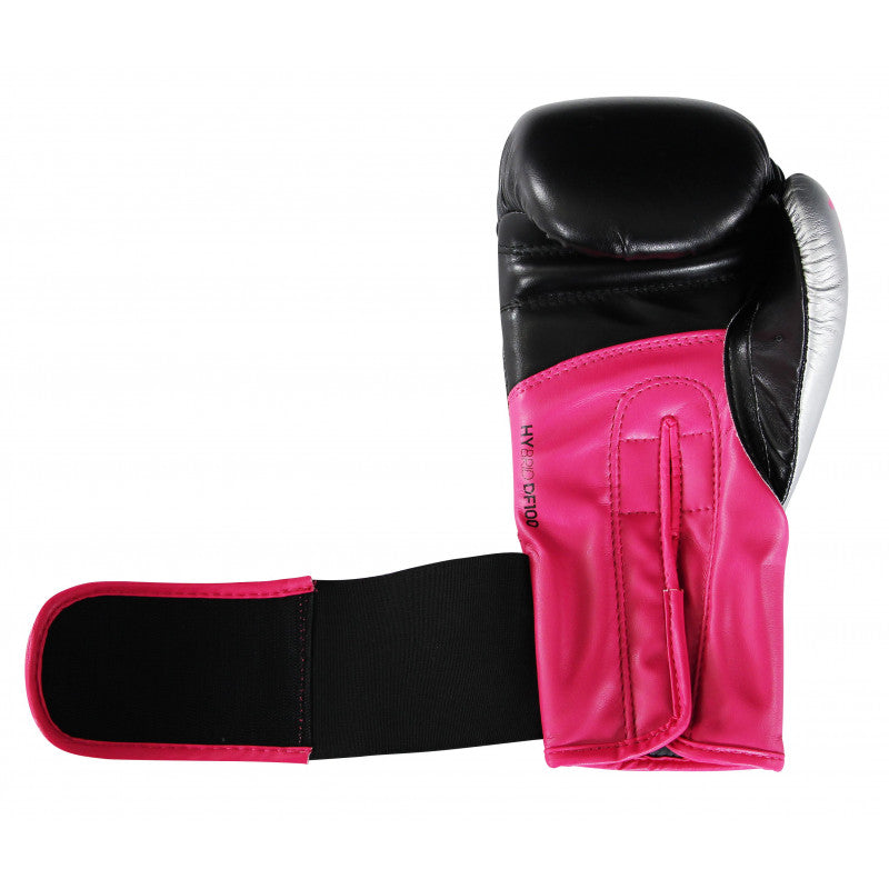 Pink and black adidas Hybrid 100 boxing glove for women, 12 oz.