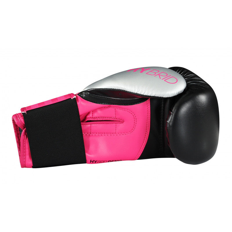 Pink and black adidas Hybrid 100 boxing glove for women, 10 oz.