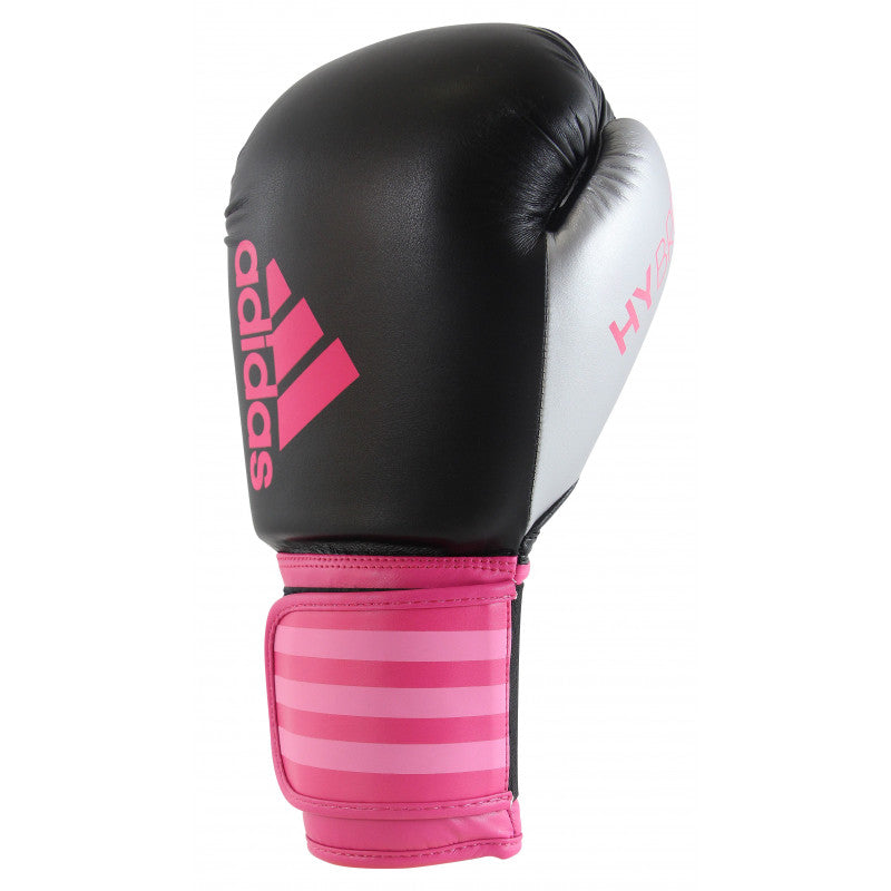 Black and pink adidas Hybrid 100 boxing glove for women, 12 oz.