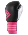 Black and pink adidas Hybrid 100 boxing glove for women, 12 oz.