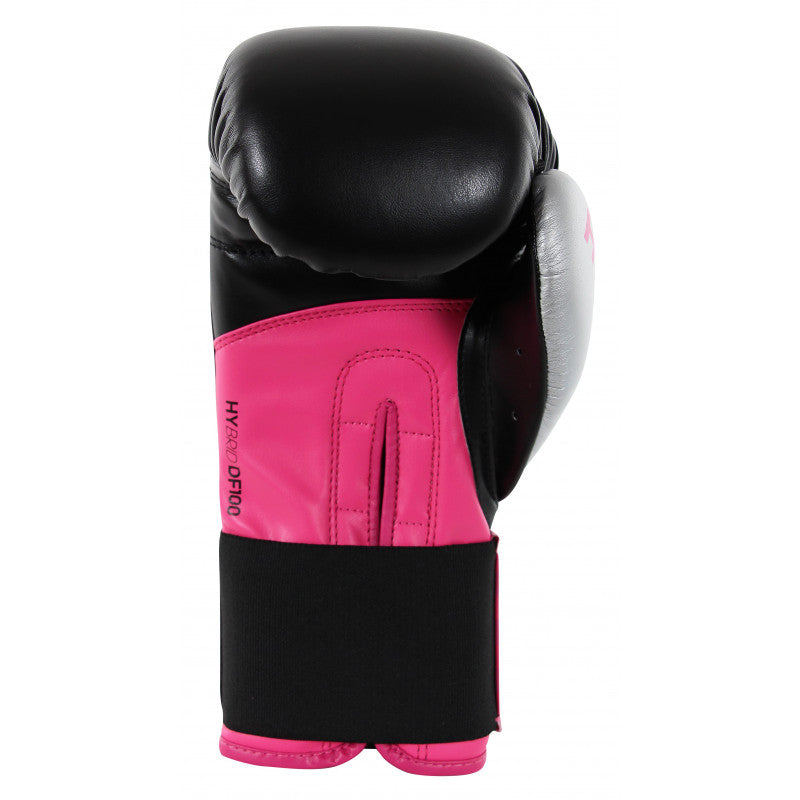 Black and white adidas Hybrid 100 boxing glove for women, 8 oz.