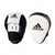 Pair of Adidas Hybrid 150 focus mitts in white and black for boxing training.