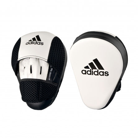 Pair of Adidas Hybrid 150 focus mitts in white and black for boxing training.