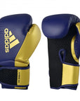 A pair of adidas Hybrid 150 training gloves in blue and gold.