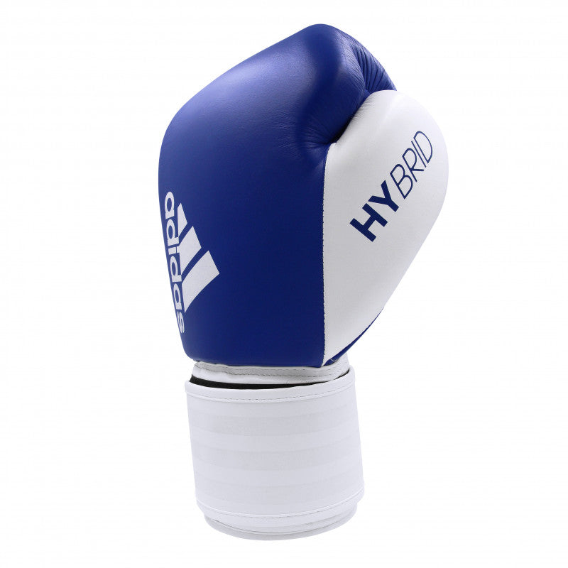 Blue and white adidas Hybrid 200 leather boxing glove, 14 oz.