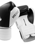 Pair of adidas Hybrid 200 leather boxing gloves, black/gold, 16 oz.