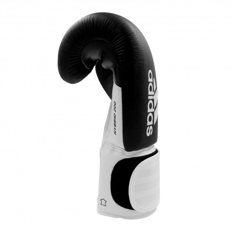 Black and white adidas Hybrid 200 leather boxing glove.