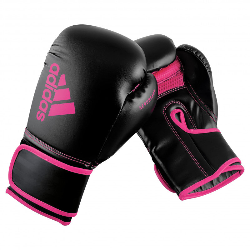 Pair of black and pink Adidas Hybrid 80 boxing gloves, 6 oz.