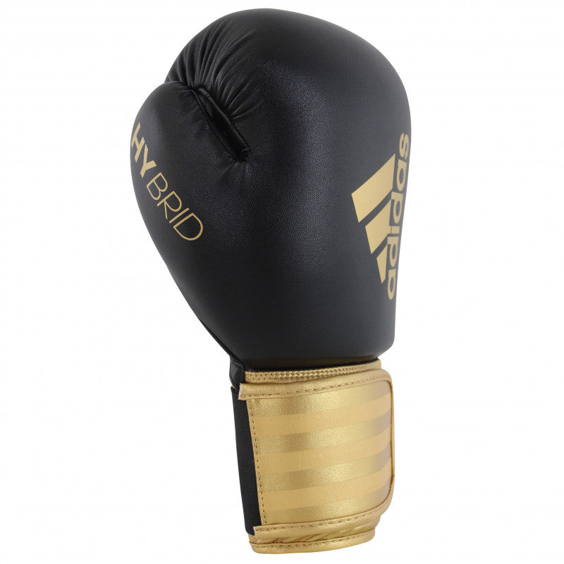 Adidas Hybrid 100 black and gold boxing glove, 12 oz, for men and women.