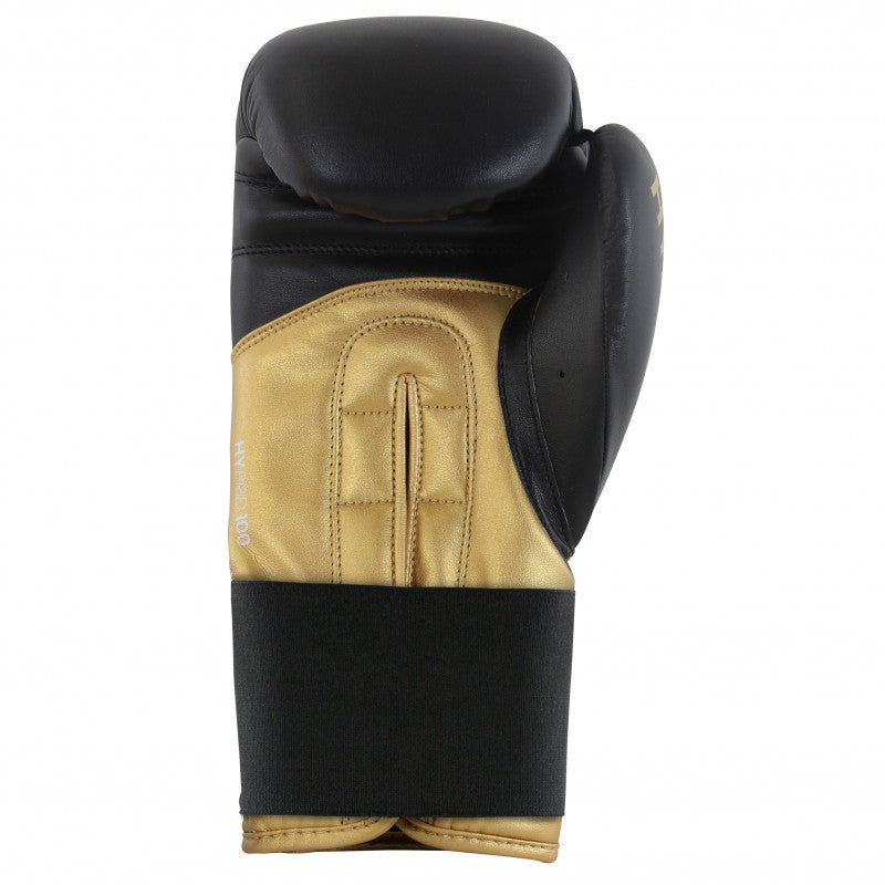 Adidas Hybrid 100 black and gold boxing glove, 14 oz, for men and women.