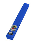 Adidas blue karate belt with logo and WKF label.