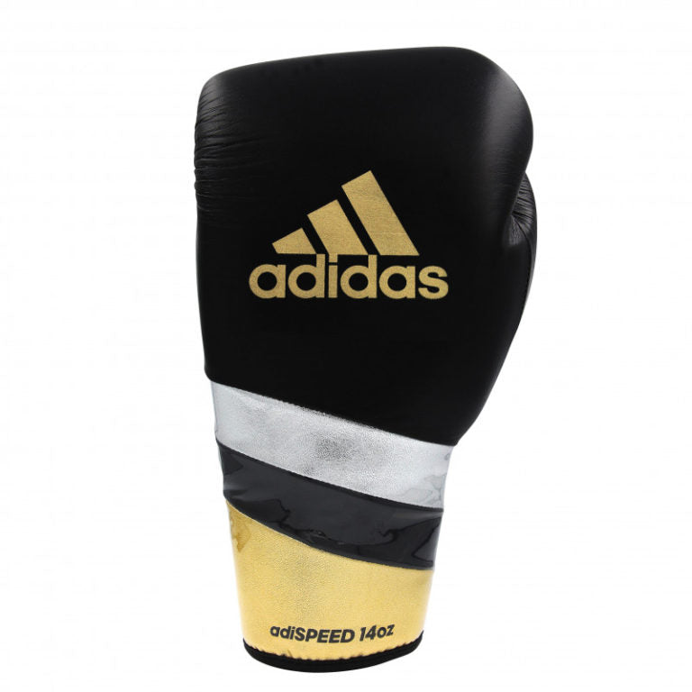 A black and gold boxing glove by adidas, 12 oz, for professional use.