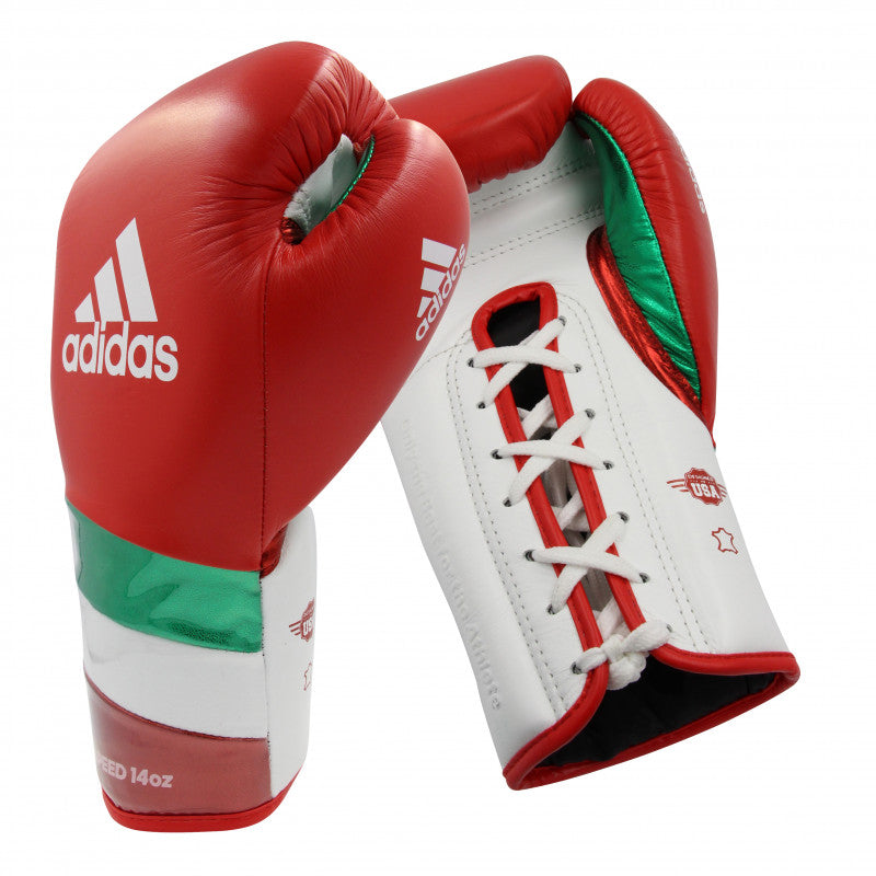 Pair of red and white boxing gloves, 16 oz weight.