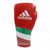 Red boxing glove with white and green stripes, 14 oz weight.