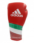 Red boxing glove with white and green stripes, 14 oz weight.